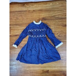 Vtg 70s 80s Polly Flinders Smocked Dress Girls 3T Blue Plaid Ruffle Long Sleeve